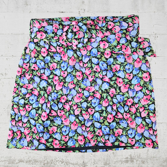 Zara Black Pink Pastel Floral Belted High Waisted Cottage Mini Skirt Size Small - Picture 1 of 8